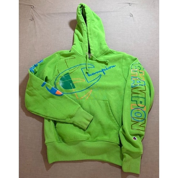 Champion Reverse Weave Sweatshirt Mens S Green Neon Pullover Long Sleeves Hoodie - Picture 1 of 5